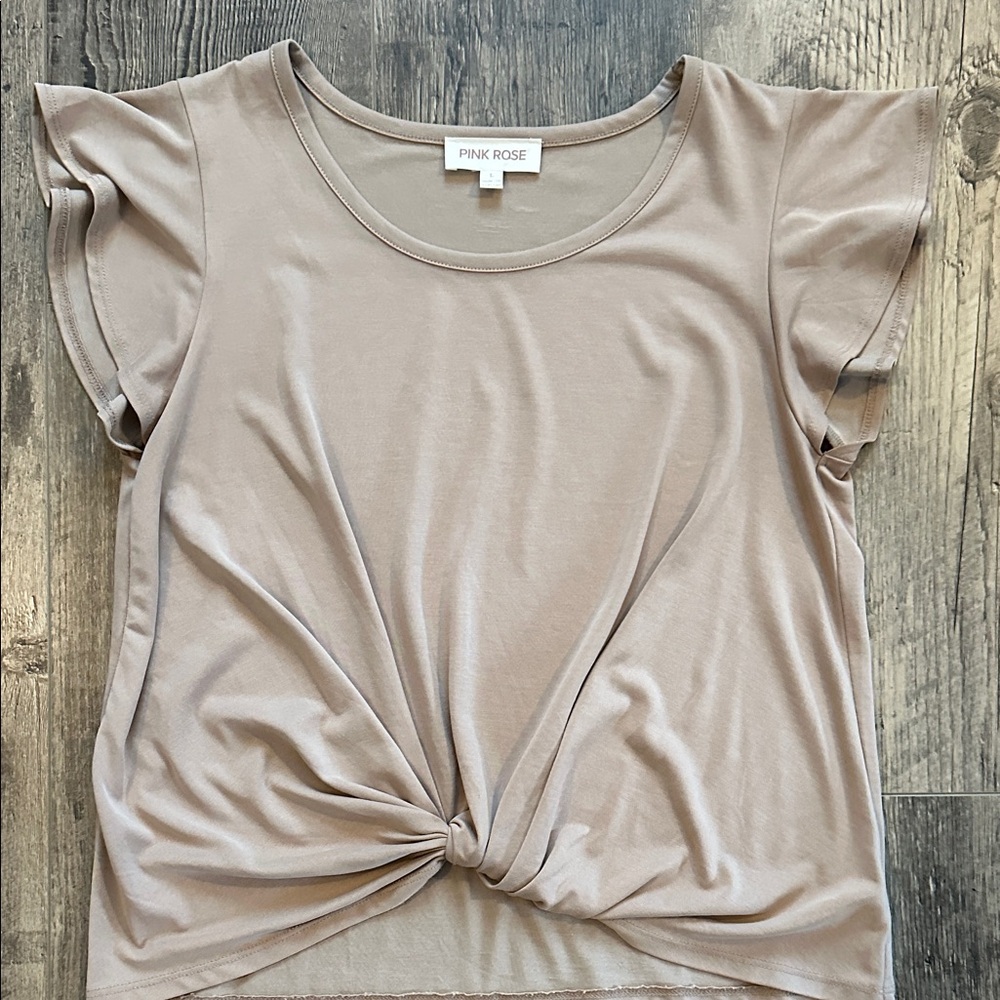 Pink Rose Women's Beige Twist Front Tee